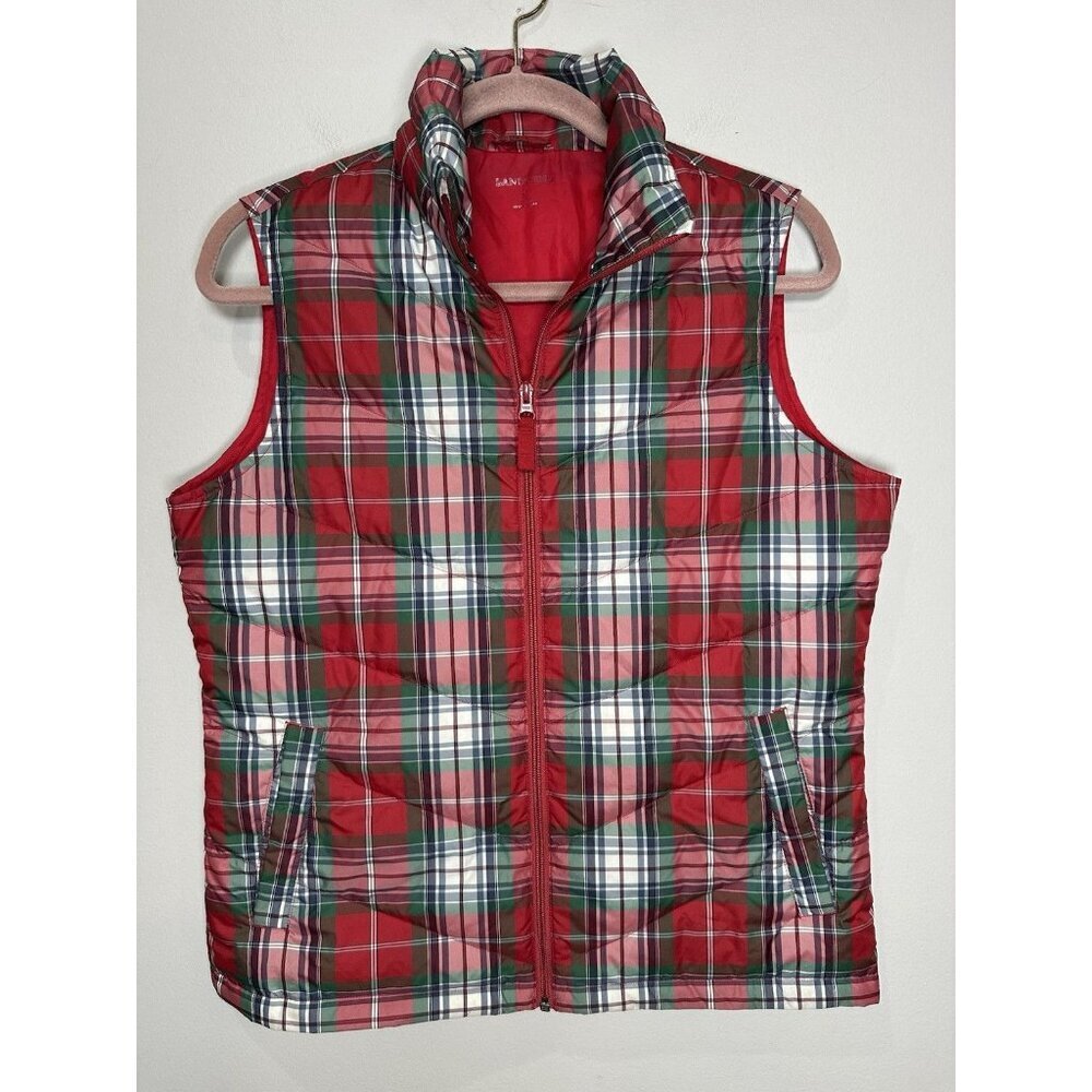 Lands' End Down Puffer Vest Women’s Size Small Red Green Plaid Christmas